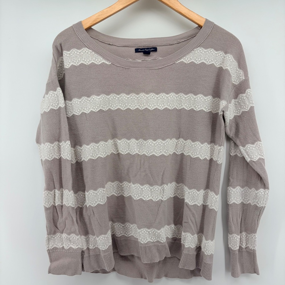 American Eagle Sweater Womens Large Mauve Pink Lace Stripe Cotton Knit Pullover